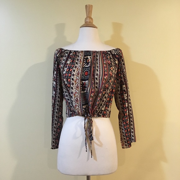 Boho Off Shoulder Floral Striped Cropped Tie Front Blouse - Picture 5 of 7